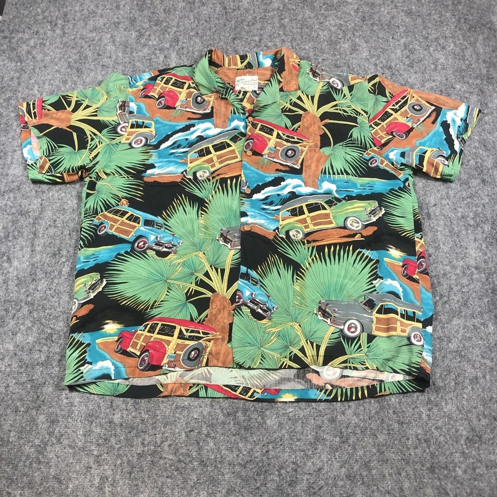 Diamond Head Sportswear Shirt Mens L Black Woody Car Hawaiian Rayon Button Up